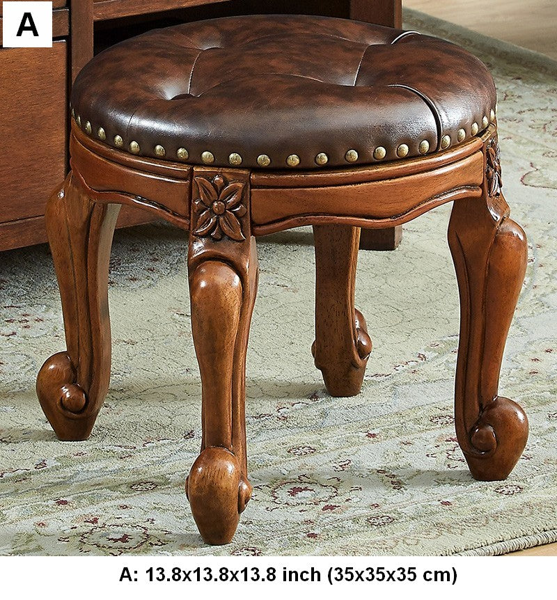 Genuine Leather Solid Wood Entry Bench, Vintage Round Stool, Solid Wood Ottoman, Rubberwood Entry Bench, Vanity Stool-LargePaintingArt.com