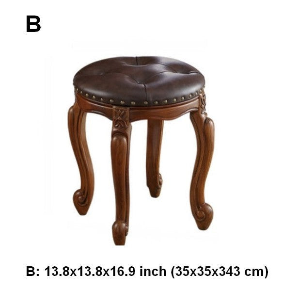 Genuine Leather Solid Wood Entry Bench, Vintage Round Stool, Solid Wood Ottoman, Rubberwood Entry Bench, Vanity Stool-LargePaintingArt.com