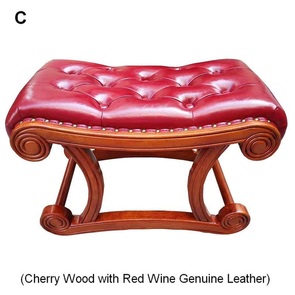 Vintage Leather Stool, Genuine Leather Solid Wood Entry Bench, Cherry Wood Footstool, Long Bench, Vanity Stool, Dressing Table Stool-LargePaintingArt.com