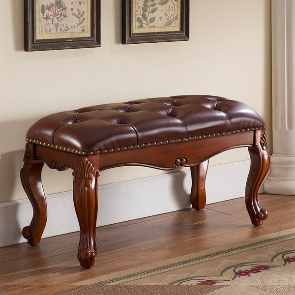 Rubber Wood Footstool, Vintage Brown Leather Stool, Genuine Leather Solid Wood Entry Bench, Farmhouse Entryway Bench, Leather Lounge Chair Modern, Dressing Table Stool-LargePaintingArt.com