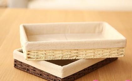 Woven Straw Storage Basket with Linen Lining, Storage Basket for Food, Rectangle Storage Basket for Kitchen-LargePaintingArt.com