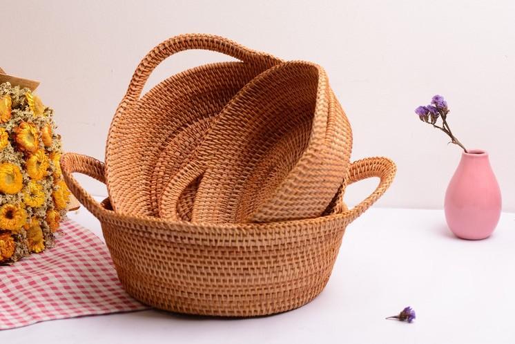 Woven Round Storage Basket, Storage Baskets for Kitchen, Rattan Storage Basket with Handle, Storage Basket for Dining Room, Set of 3-LargePaintingArt.com