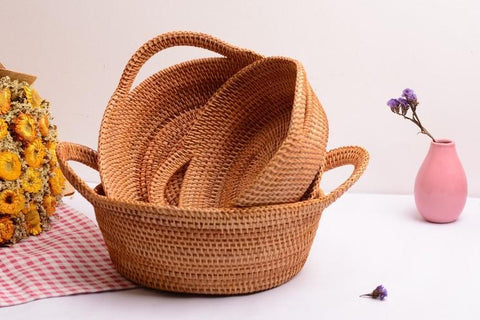 Woven Round Storage Basket, Storage Baskets for Kitchen, Rattan Storage Basket with Handle, Storage Basket for Dining Room, Set of 3-LargePaintingArt.com