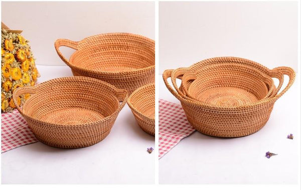 Woven Round Storage Basket, Storage Baskets for Kitchen, Rattan Storage Basket with Handle, Storage Basket for Dining Room, Set of 3-LargePaintingArt.com