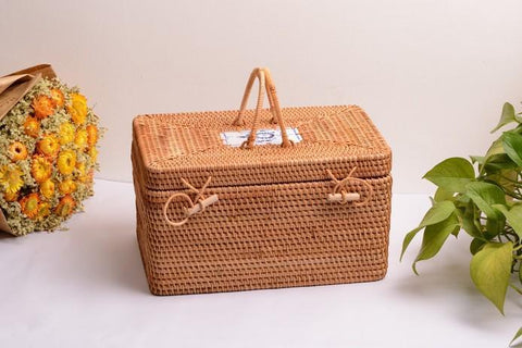 Rattan Wicker Serving Basket, Storage Baskets for Picnic, Kitchen Storage Baskets, Woven Storage Baskets with Lid-LargePaintingArt.com