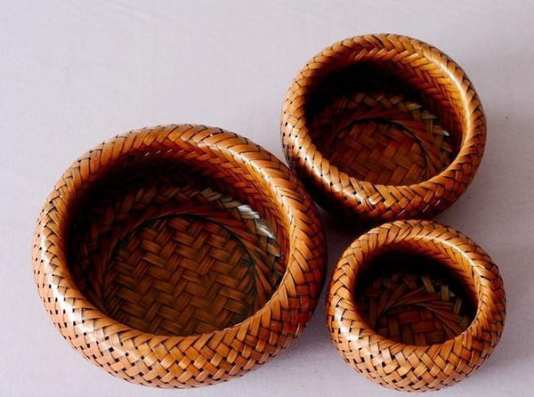 Woven Snacks Basket, Bamboo Storage Basket, Farmhouse Small Storage Basket, Round Storage Basket for Kitchen, Set of 3-LargePaintingArt.com