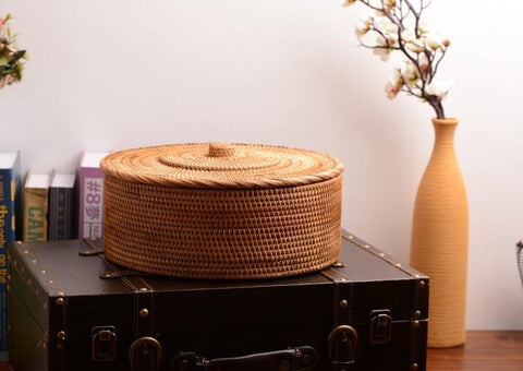 Woven Storage Basket with Lid, Large Rattan Baskets, Round Basket for Kitchen, Storage Baskets for Shelves-LargePaintingArt.com