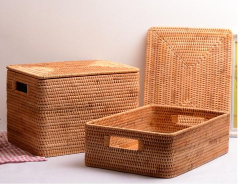 Rectangular Storage Basket with Lid, Rattan Storage Baskets for Shelves, Kitchen Storage Baskets, Storage Baskets for Clothes, Laundry Woven Baskets-LargePaintingArt.com