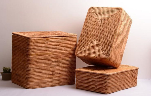 Woven Rattan Baskets, Rectangular Basket with Lid, Rectangular Storage Baskets, Storage Basket for Bedroom, Kitchen Storage Baskets-LargePaintingArt.com