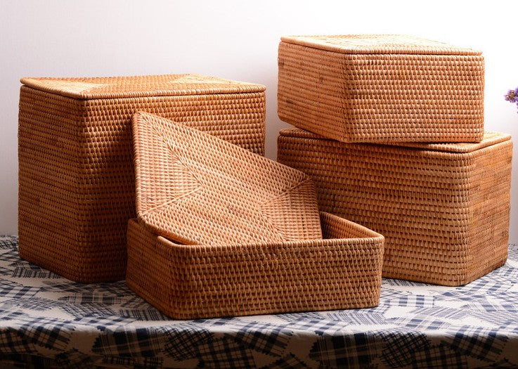 Storage Baskets with Lid, Rectangular Storage Baskets, Storage Baskets for Clothes, Pantry Storage Baskets, Rattan Woven Storage Basket for Bedroom-LargePaintingArt.com