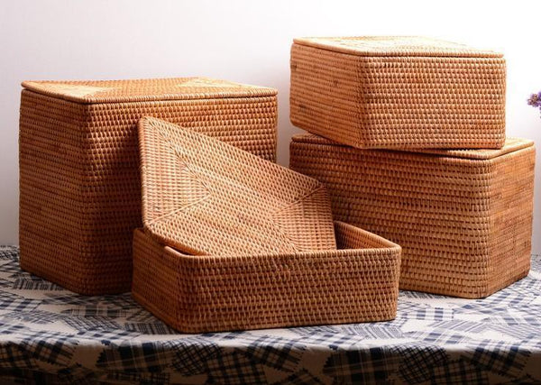 Woven Rattan Baskets, Rectangular Basket with Lid, Rectangular Storage Baskets, Storage Basket for Bedroom, Kitchen Storage Baskets-LargePaintingArt.com