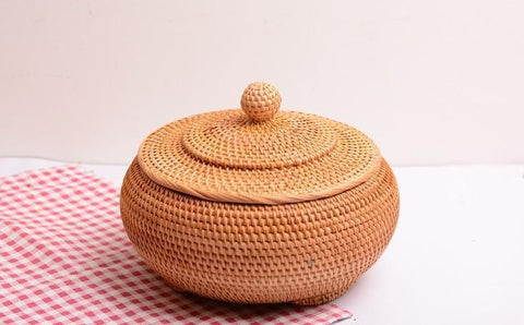 Round Storage Basket, Woven Storage Basket with Lid, Rattan Basket for Kitchen, Wicker Storage Basket-LargePaintingArt.com