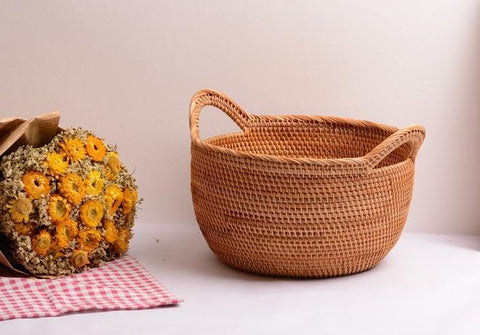 Woven Storage Basket, Kitchen Storage Basket, Large Rattan Basket, Kitchen Storage Ideas, Round Storage Basket-LargePaintingArt.com