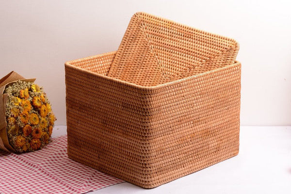 Extra Large Woven Rattan Storage Basket for Bedroom, Rattan Storage Baskets, Rectangular Woven Basket with Lid, Storage Baskets for Shelves-LargePaintingArt.com