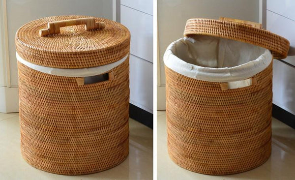 Large Laundry Storage Basket with Lid, Large Rattan Storage Basket for Bathroom, Woven Round Storage Basket for Clothes-LargePaintingArt.com