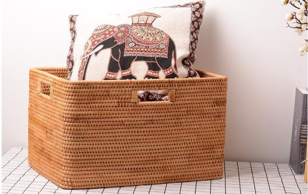 Large Laundry Storage Basket for Clothes, Rectangular Storage Basket, Rattan Baskets, Storage Baskets for Bedroom, Storage Baskets for Shelves-LargePaintingArt.com