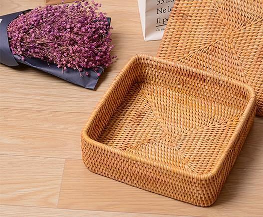 Storage Basket with Lid, Rattan Square Basket, Storage Basket with Lid, Kitchen Storage Baskets-LargePaintingArt.com