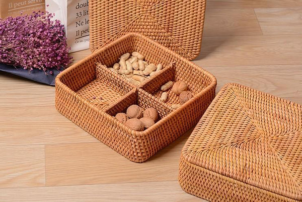 Storage Basket with Lid, Rattan Square Basket, Storage Basket with Lid, Kitchen Storage Baskets-LargePaintingArt.com