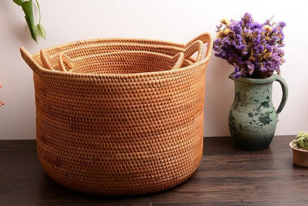 Large Woven Storage Basket with Handle, Large Rattan Basket, Large Round Storage Basket for Bathroom-LargePaintingArt.com