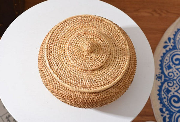 Rattan Storage Basket for Kitchen, Storage Basket for Picnic, Small Storage Baskets, Round Storage Basket with Lid, Woven Storage Baskets-LargePaintingArt.com