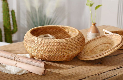 Rattan Storage Basket for Kitchen, Storage Basket for Picnic, Small Storage Baskets, Round Storage Basket with Lid, Woven Storage Baskets-LargePaintingArt.com