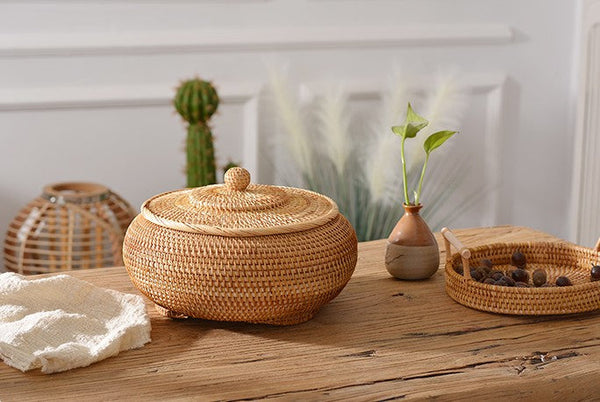 Rattan Storage Basket for Kitchen, Storage Basket for Picnic, Small Storage Baskets, Round Storage Basket with Lid, Woven Storage Baskets-LargePaintingArt.com