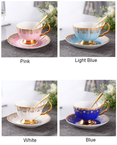 Pink Blue White Bone China Porcelain Tea Cup Set, Unique British Tea Cup and Saucer in Gift Box, Elegant British Ceramic Coffee Cups for Afternoon Tea-LargePaintingArt.com