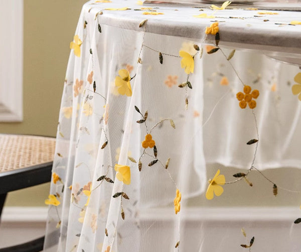 Yellow Flower Lace Tablecloths, Extra Large Rectangular Tablecloth for Oval Table, Lace Embroidered Table Covers, Rectangular Table Covers for Coffee Table-LargePaintingArt.com