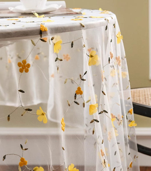 Yellow Flower Lace Tablecloths, Extra Large Rectangular Tablecloth for Oval Table, Lace Embroidered Table Covers, Rectangular Table Covers for Coffee Table-LargePaintingArt.com