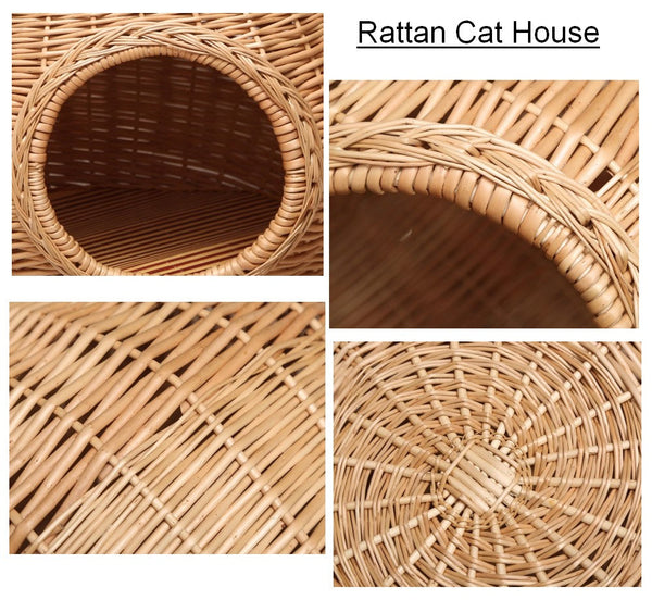 Wicker Cat House Basket with Washable Cushion for Indoor Cats and Dogs, Rattan Cat Bed-LargePaintingArt.com