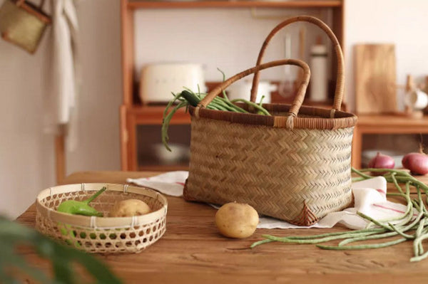 Storage Basket with Handle, Large Kitchen Storage Baskets, Natural Hand-woven Bamboo Storage Basket, Lovely Bamboo Weaving Baskets for Vegetable, Picnic Fruit Storage Baskets