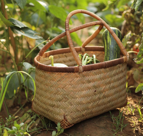Storage Basket with Handle, Large Kitchen Storage Baskets, Natural Hand-woven Bamboo Storage Basket, Lovely Bamboo Weaving Baskets for Vegetable, Picnic Fruit Storage Baskets