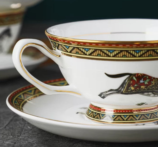 Porcelain Tea Cup and Saucer Set, 7.4 oz British Horse Pattern Coffee Cup with Saucer, Ceramic Tea Cup and Saucer in Gift Box-LargePaintingArt.com