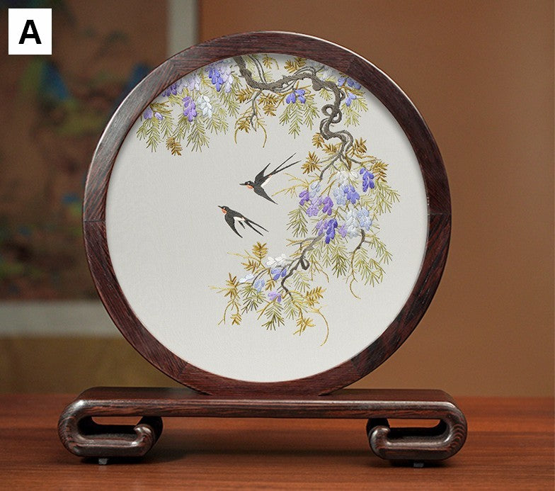 Silk Embroidered Ornament, Premium Souvenir, Exclusive Business Presents, Creative Birthday Gift, Traditional Chinese Suzhou Flower and Birds Embroidery Ornaments-LargePaintingArt.com