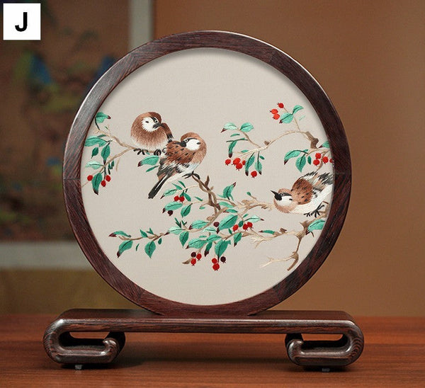 Creative Birthday Gift, Flower and Birds Embroidery Ornaments, Traditional Chinese Suzhou Silk Embroidered Ornament, Premium Souvenir, Exclusive Business Presents-LargePaintingArt.com