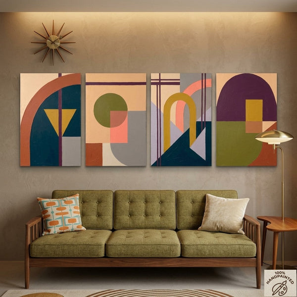 Abstract Geometric Art, Modern Wall Art for Bedroom, Multi Panel Canvas Paintings, Original Acrylic Artwork-LargePaintingArt.com