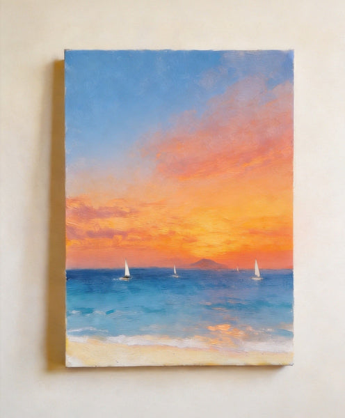 Tranquil Sails Under the Burning Clouds, Hand Painted Canvas Art, Original Seascape Paintings, Small Canvas Artwork, Original Oil Paintings, Buy Small Paintings Online-LargePaintingArt.com