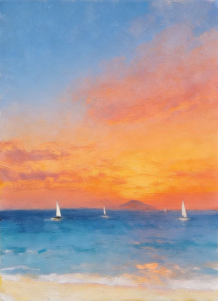 Tranquil Sails Under the Burning Clouds, Hand Painted Canvas Art, Original Seascape Paintings, Small Canvas Artwork, Original Oil Paintings, Buy Small Paintings Online-LargePaintingArt.com