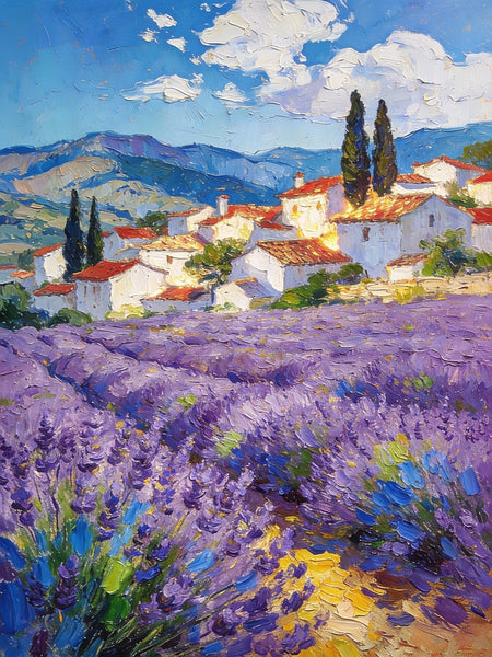 Provence - Lavender Fields and a Slumbering Village, Impasto Paintings, Original Small Paintings on Canvas, Small Oil Paintings, Hand Painted Canvas Art, Landscape Canvas Paintings-LargePaintingArt.com