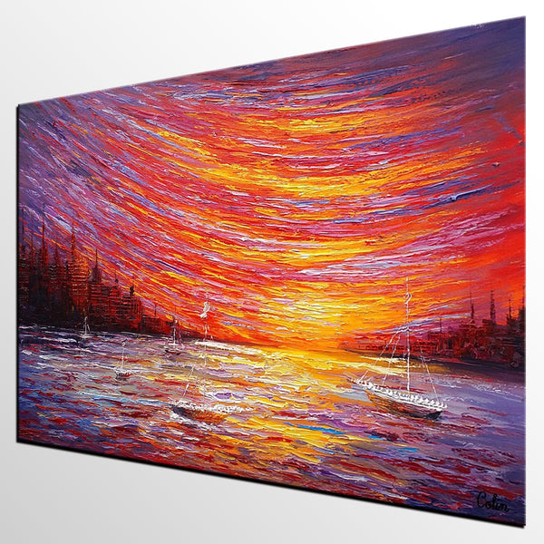 Landscape Painting, Large Art, Canvas Art, Wall Art, Custom Abstract Artwork, Canvas Painting, Modern Art, Oil Painting, Boat on the River 210-LargePaintingArt.com