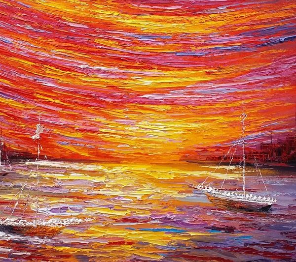 Landscape Painting, Large Art, Canvas Art, Wall Art, Custom Abstract Artwork, Canvas Painting, Modern Art, Oil Painting, Boat on the River 210-LargePaintingArt.com