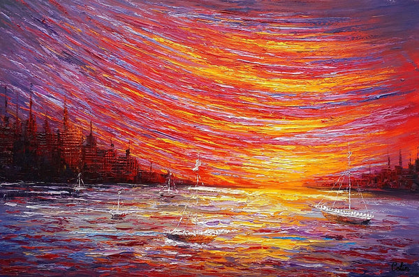 Landscape Painting, Large Art, Canvas Art, Wall Art, Custom Abstract Artwork, Canvas Painting, Modern Art, Oil Painting, Boat on the River 210-LargePaintingArt.com