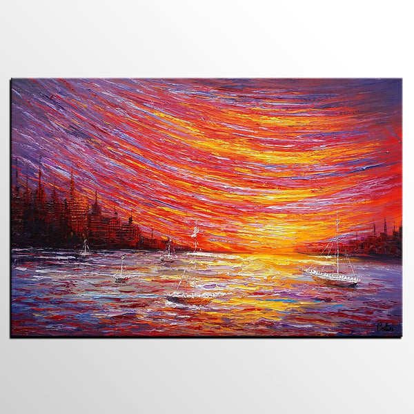 Landscape Painting, Large Art, Canvas Art, Wall Art, Custom Abstract Artwork, Canvas Painting, Modern Art, Oil Painting, Boat on the River 210-LargePaintingArt.com