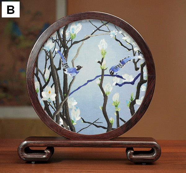 Silk Embroidered Ornament, Premium Souvenir, Exclusive Business Presents, Creative Birthday Gift, Traditional Chinese Suzhou Flower and Birds Embroidery Ornaments-LargePaintingArt.com