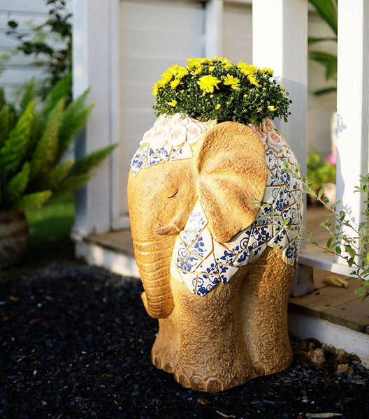 Oversized Garden Flower Pot, Modern Outdoor Garden Flower Pots, Extra Large Elephant Garden Flowerpots, Animal Statue for Garden Ornaments, Large Resin Statue for Garden-LargePaintingArt.com