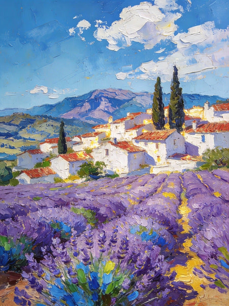 Small Original Paintings, Lavender Fields Under a Cloudy Sky, A Provencal Landscape, Impasto Paintings, Small Oil Paintings, Small Wall Paintings, Landscape Artwork Canvas Paintings-LargePaintingArt.com