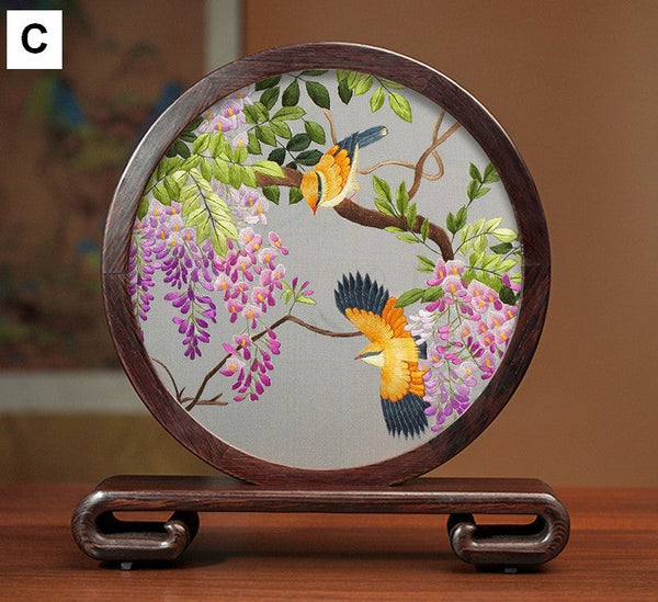Silk Embroidered Ornament, Premium Souvenir, Exclusive Business Presents, Creative Birthday Gift, Traditional Chinese Suzhou Flower and Birds Embroidery Ornaments-LargePaintingArt.com
