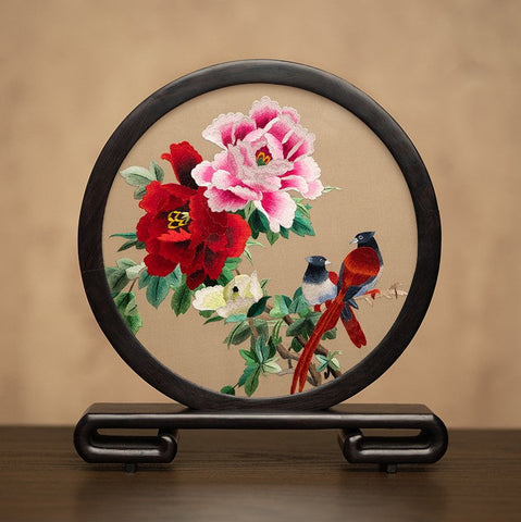 Flower and Bird Embroidered Decor, Unique Birthday Gift, Exclusive Business Present, Traditional Chinese Suzhou Embroidery Ornament, Premium Souvenir-LargePaintingArt.com