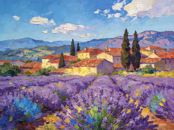 Small Wall Paintings, Provençal Village with Lavender and Cypress, On Canvas Small Paintings, Original Wall Art Paintings, Original Artwork Small Paintings, Small Landscape Paintings, Impasto Artwork-LargePaintingArt.com