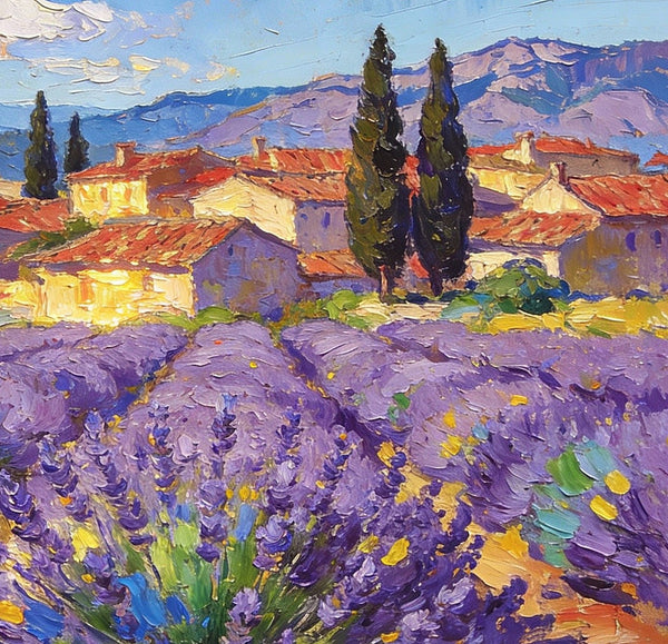 Small Wall Paintings, Provençal Village with Lavender and Cypress, On Canvas Small Paintings, Original Wall Art Paintings, Original Artwork Small Paintings, Small Landscape Paintings, Impasto Artwork-LargePaintingArt.com
